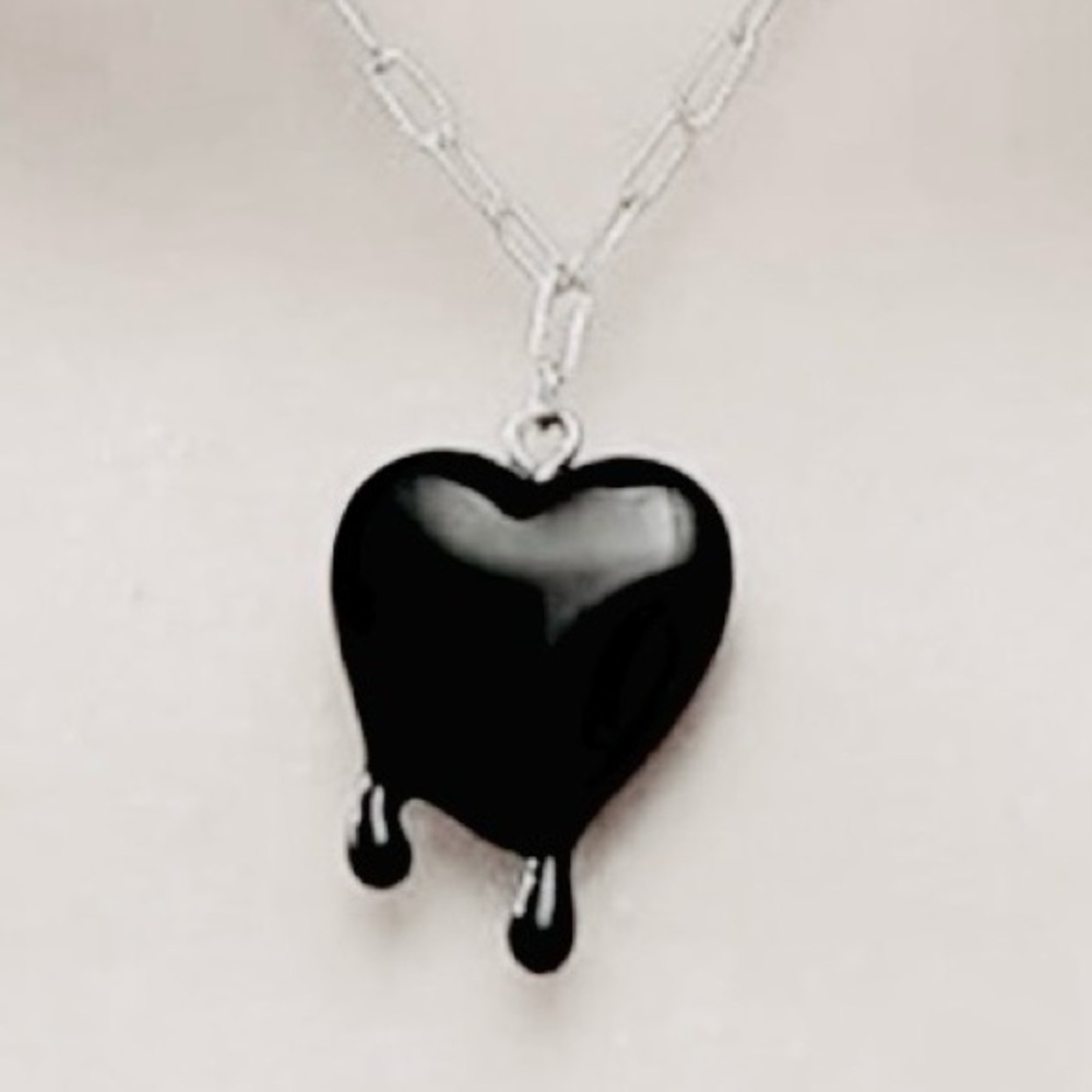 Dark Heart Black Blood Slime Liquid Dripping Droplet Goth Vamp Werewolf Necklace